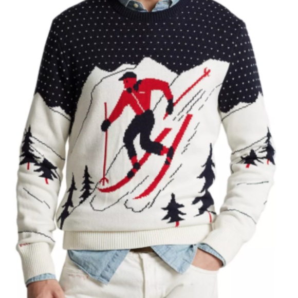 Men's Skiing Pattern Sweater - Black, White, Red NWT Size XXL - Picture 1 of 7